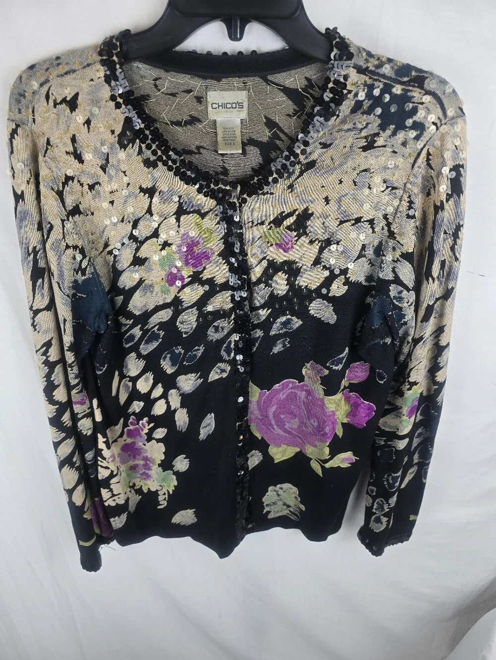 Chico's Black Floral Sequin Silk Blend Cardigan with Purple Roses Sz Chico's 2/L